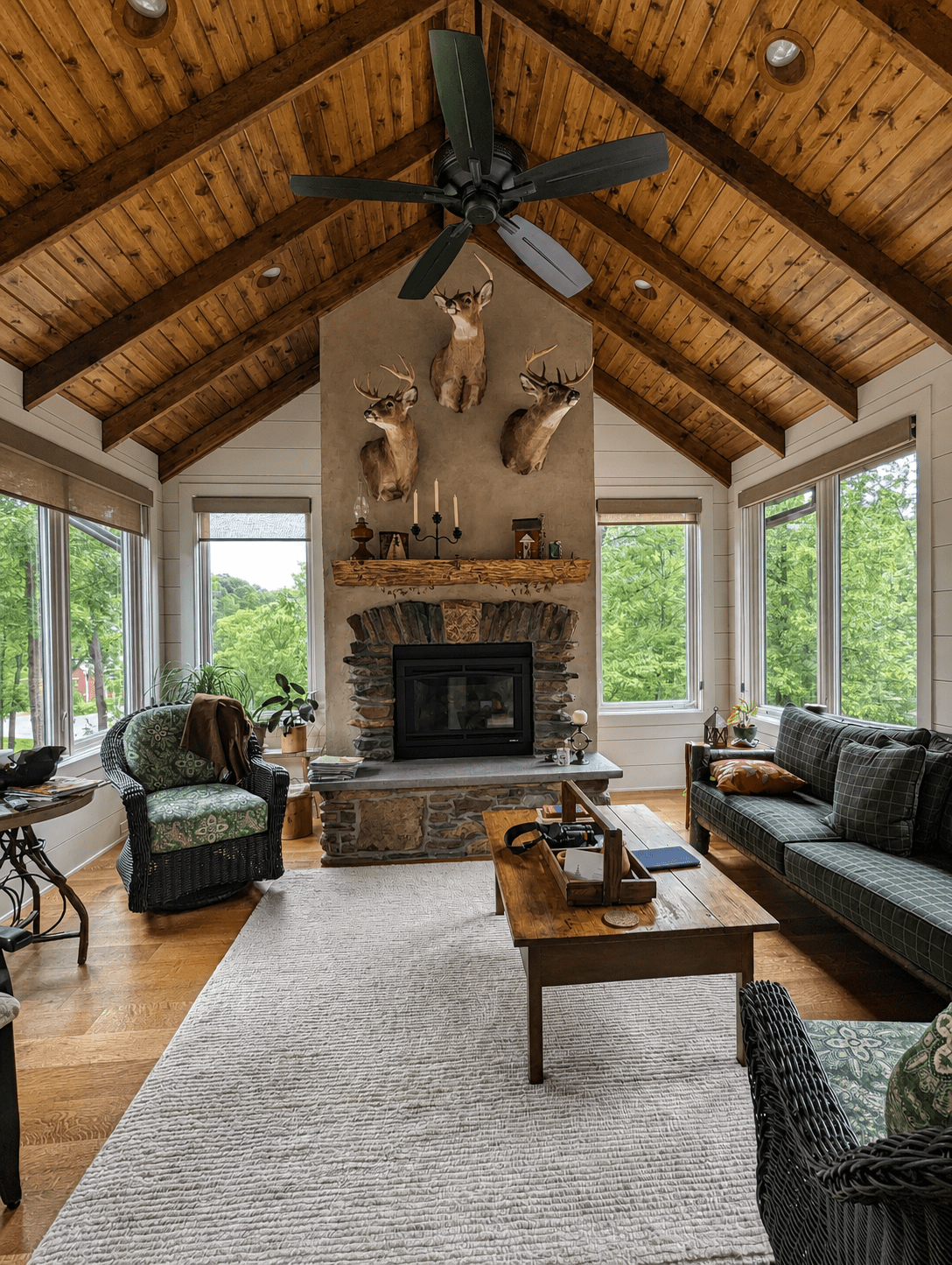 Timber cabin sitting room with stone fireplace