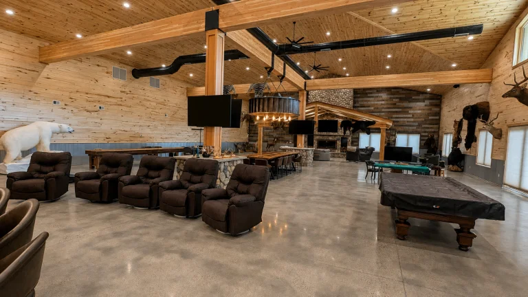 Timber cabin interior in Davison with integrated entertainment