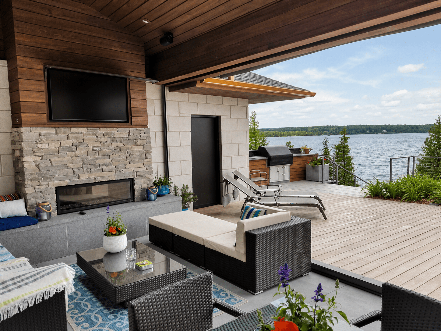 Lakeside entertaining area with an integrated outdoor display and audio