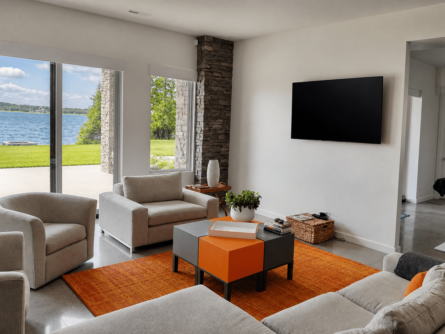 Completed Northern Michigan living room with integrated display and technology