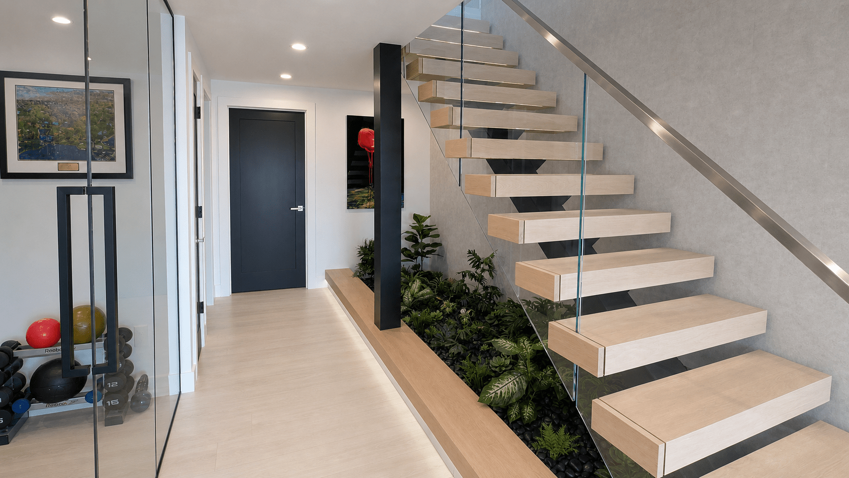 Floating staircase and glass-walled fitness area in a contemporary Novi residence
