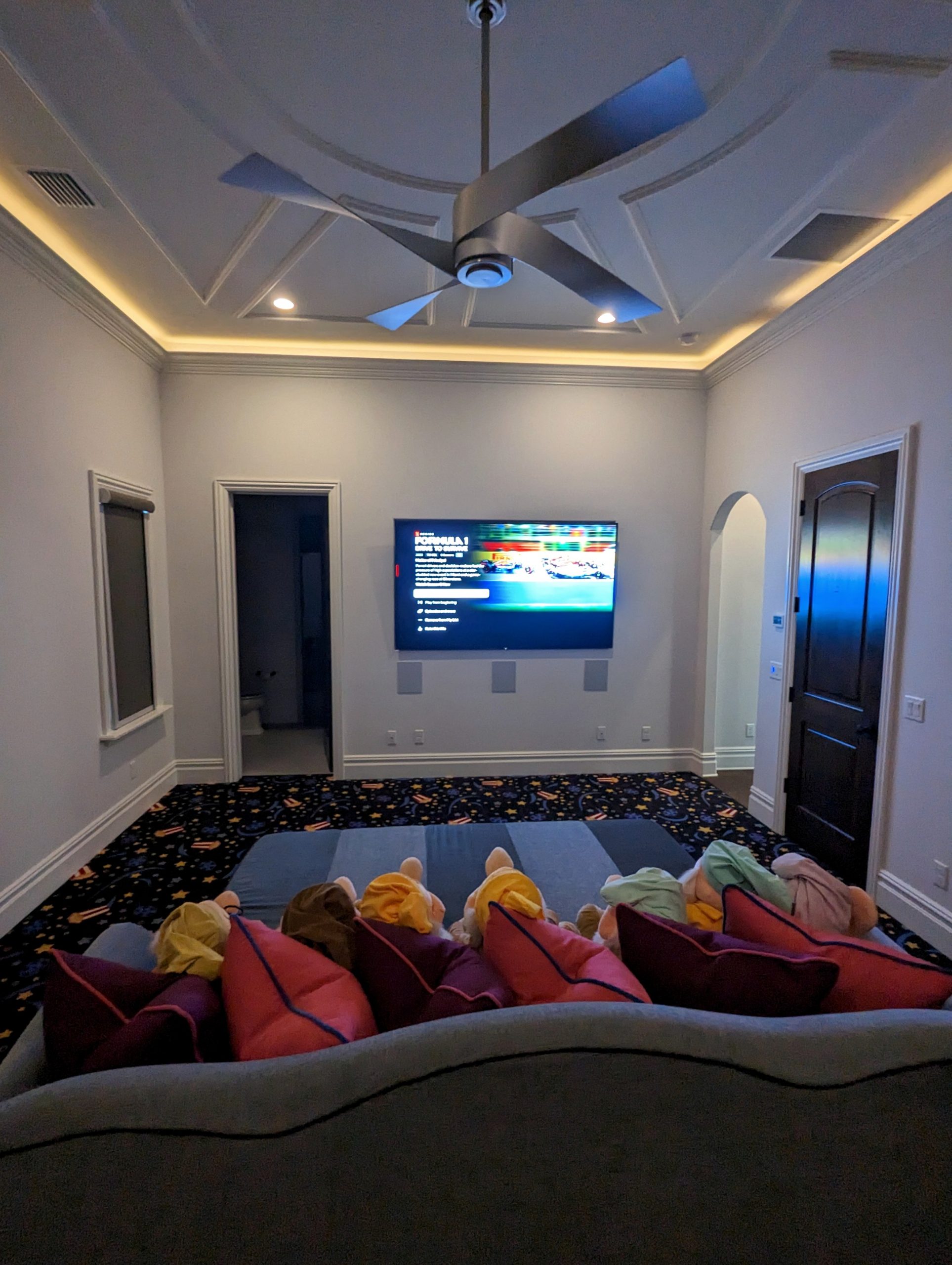 Home theater screen, speakers, lighting, and tiered seating